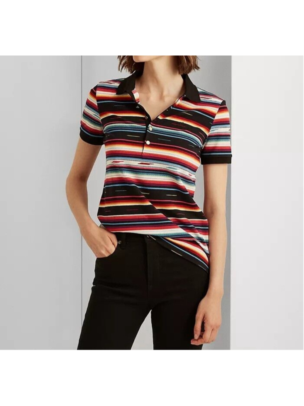 Women's Ralph Lauren Aztec Striped Southwest Pique Polo Shirt Tee Black Small